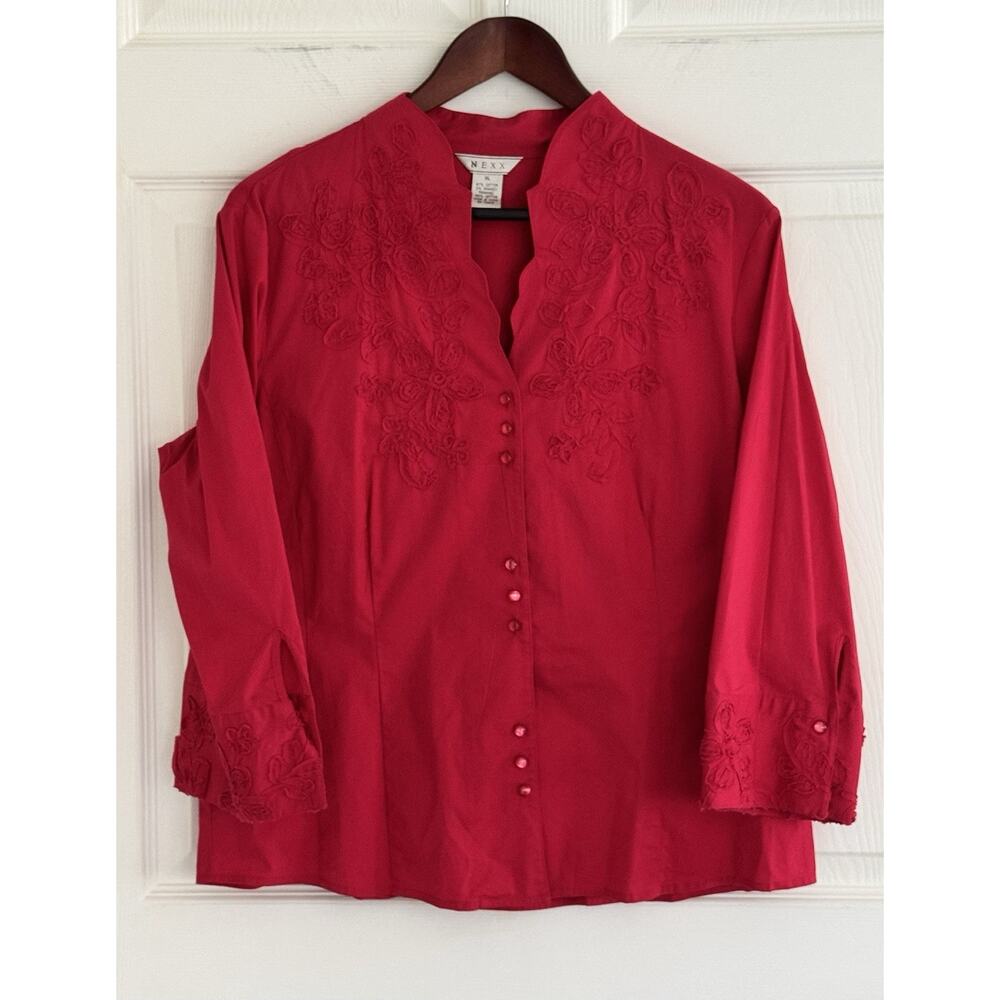 Nexx Fuchsia Pink Top Blouse Floral Embroidered Buttons Cotton Blend Shirt Sz XL